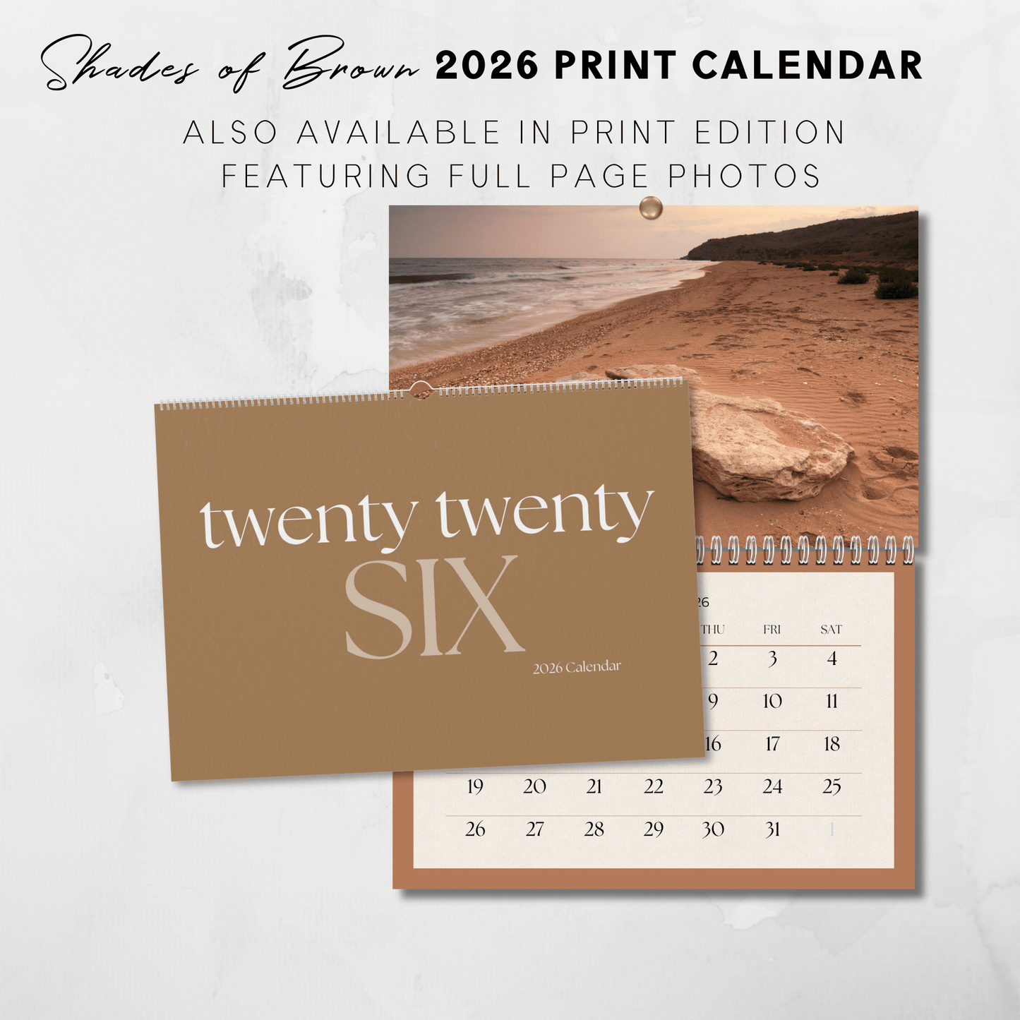 Calendario imprimible de paisajes en tonos marrones del año 2025