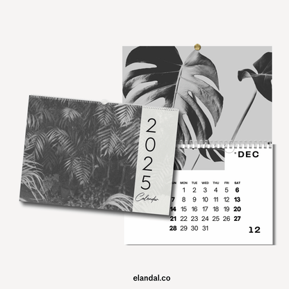 Calendario fotográfico botánico en blanco y negro para imprimir en 2025