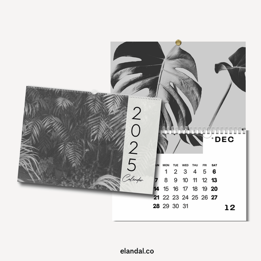 Calendario fotográfico botánico en blanco y negro para imprimir en 2025