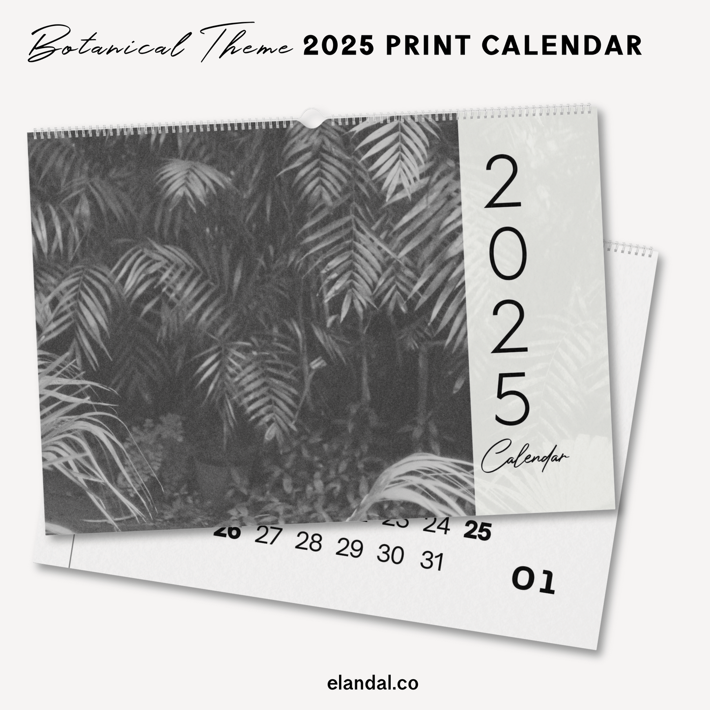 Calendario fotográfico botánico en blanco y negro para imprimir en 2025