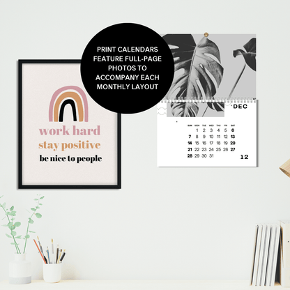 Calendario fotográfico botánico en blanco y negro para imprimir en 2025