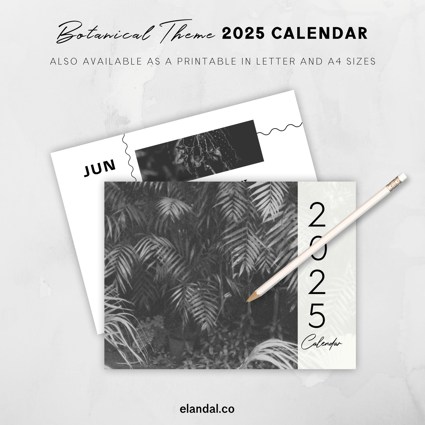 Calendario fotográfico botánico en blanco y negro para imprimir en 2025