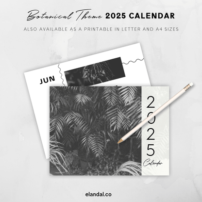 Calendario fotográfico botánico en blanco y negro para imprimir en 2025