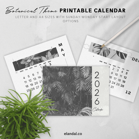 2026 Printable Black and White Botanical Landscape Calendar