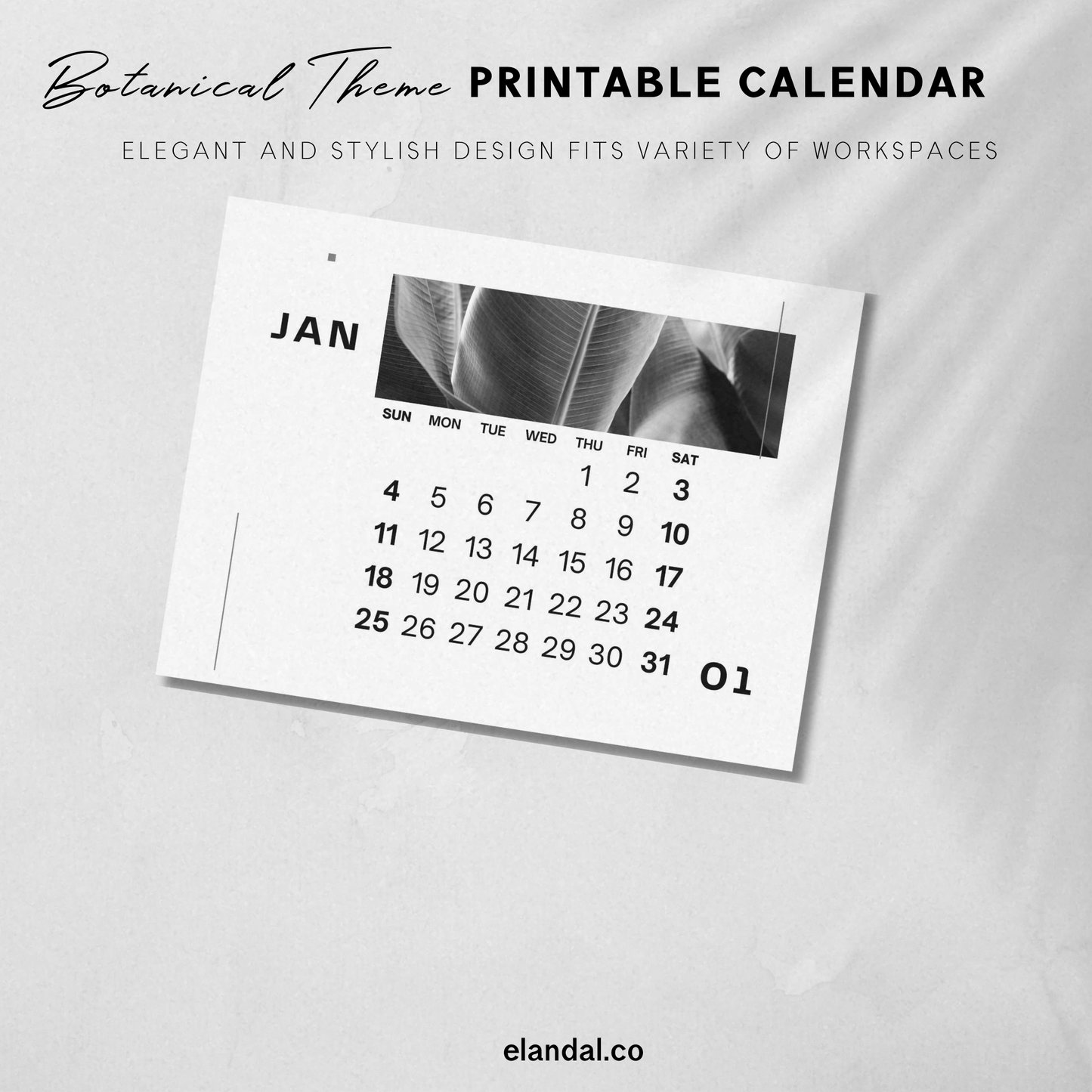 2026 Printable Black and White Botanical Landscape Calendar