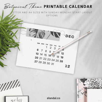 2026 Printable Black and White Botanical Landscape Calendar