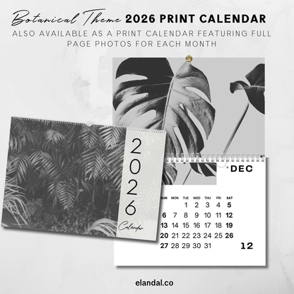 2026 Printable Black and White Botanical Landscape Calendar