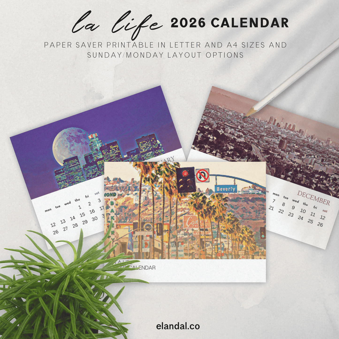 Calendario ilustrado de Los Ángeles para imprimir en 2025