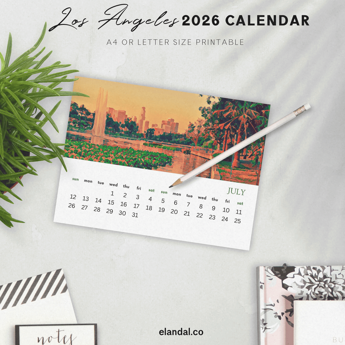 Calendario ilustrado de Los Ángeles para imprimir en 2025