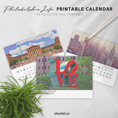 Calendario ilustrado de Filadelfia para imprimir en 2025