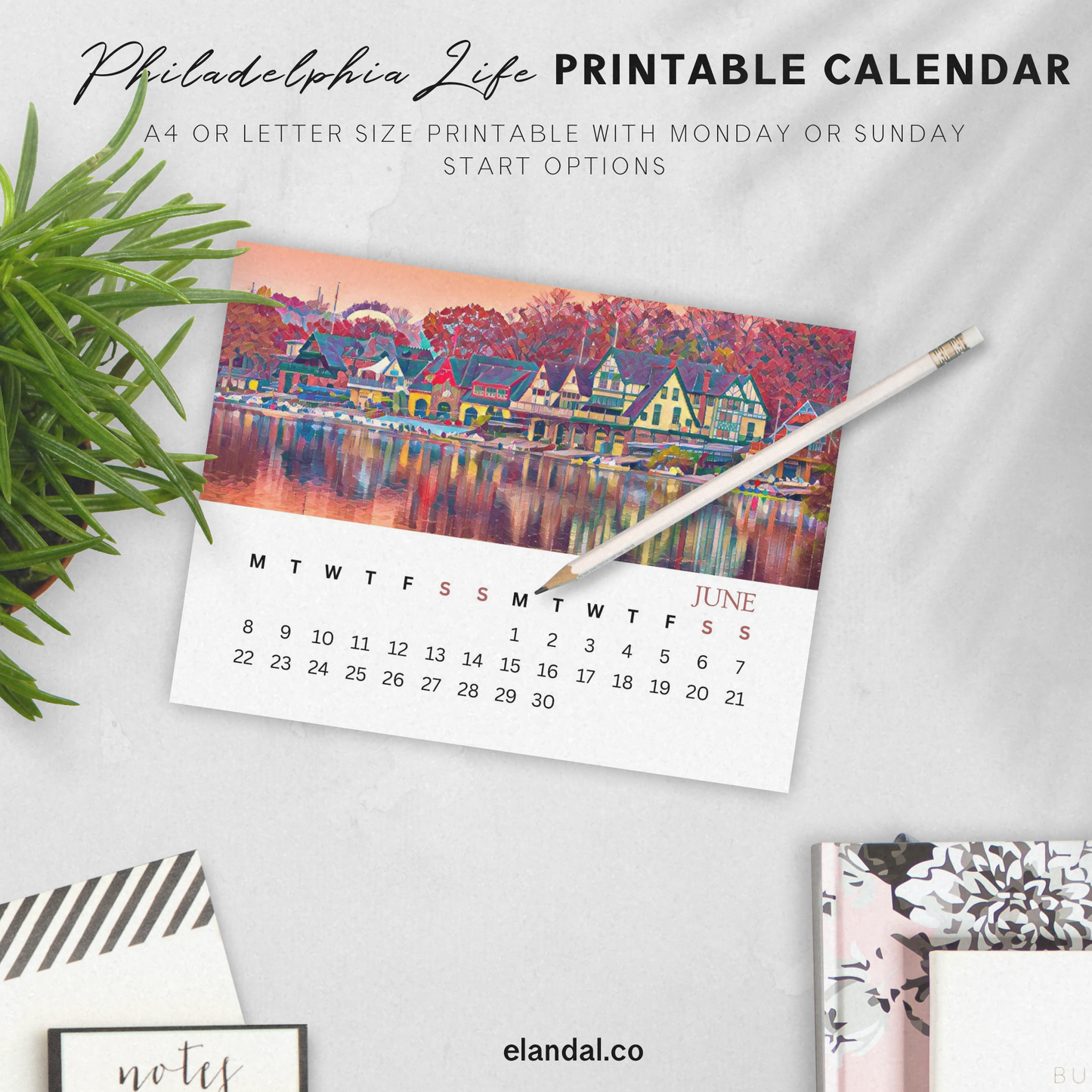 Calendario ilustrado de Filadelfia para imprimir en 2025