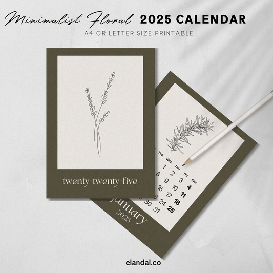 Calendario minimalista imprimible de 2025 con bocetos de plantas florales y botánicas en marrón 