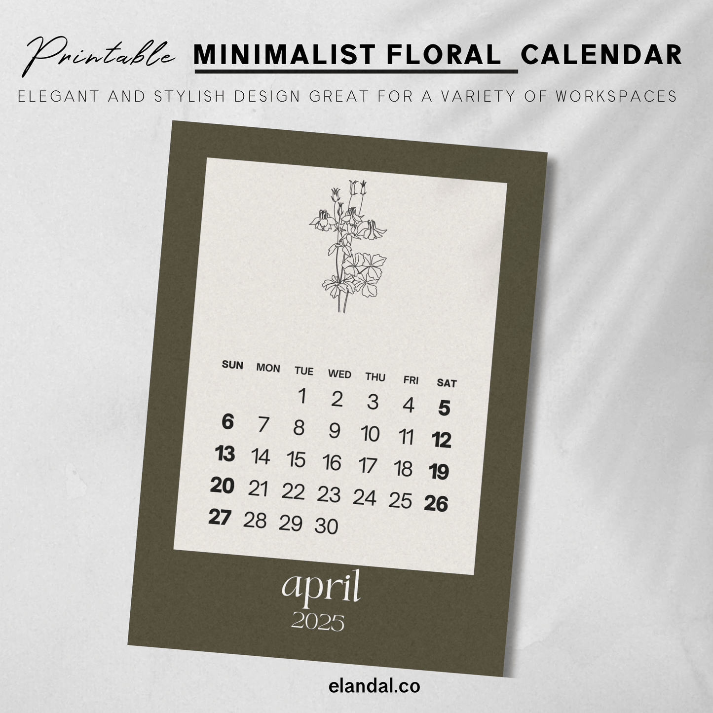 Calendario minimalista imprimible de 2025 con bocetos de plantas florales y botánicas en marrón 