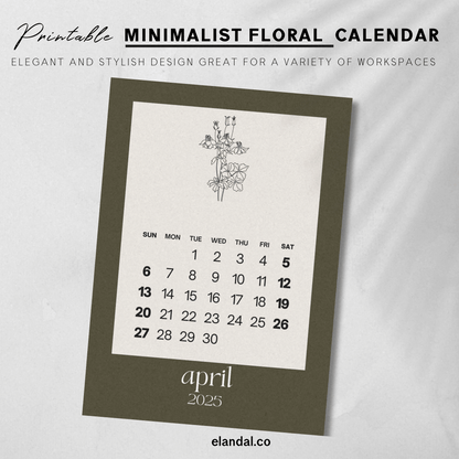 Calendario minimalista imprimible de 2025 con bocetos de plantas florales y botánicas en marrón 