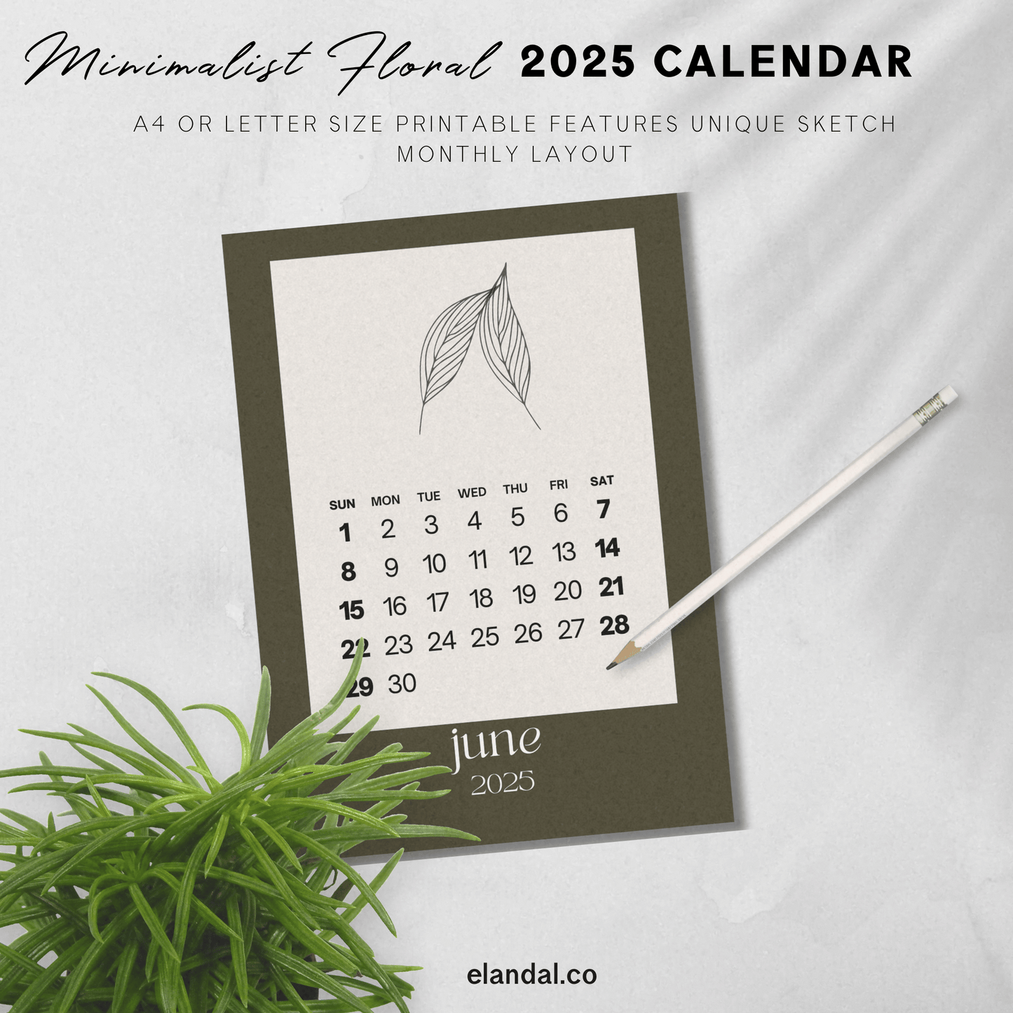 Calendario minimalista imprimible de 2025 con bocetos de plantas florales y botánicas en marrón 