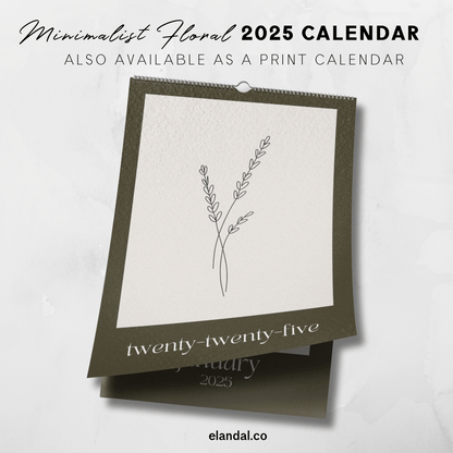 Calendario minimalista imprimible de 2025 con bocetos de plantas florales y botánicas en marrón 