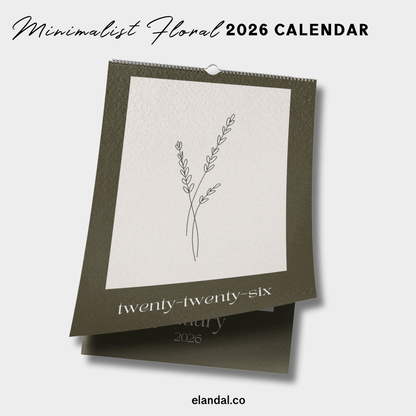 Calendario de pared minimalista con bocetos florales botánicos de plantas en marrón 2025