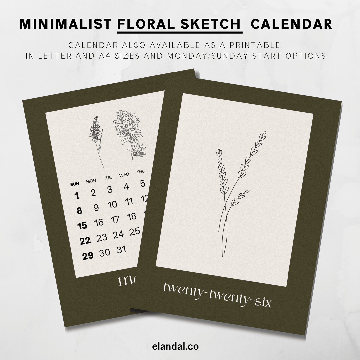 Calendario de pared minimalista con bocetos florales botánicos de plantas en marrón 2025