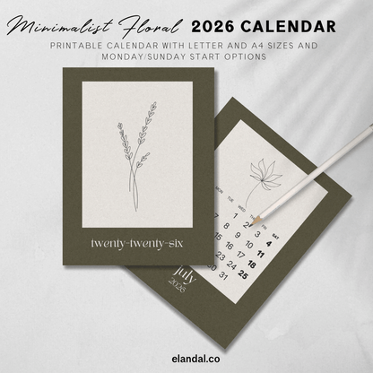 2026 Printable Minimalist Brown Botanical Floral Plant Sketch Calendar