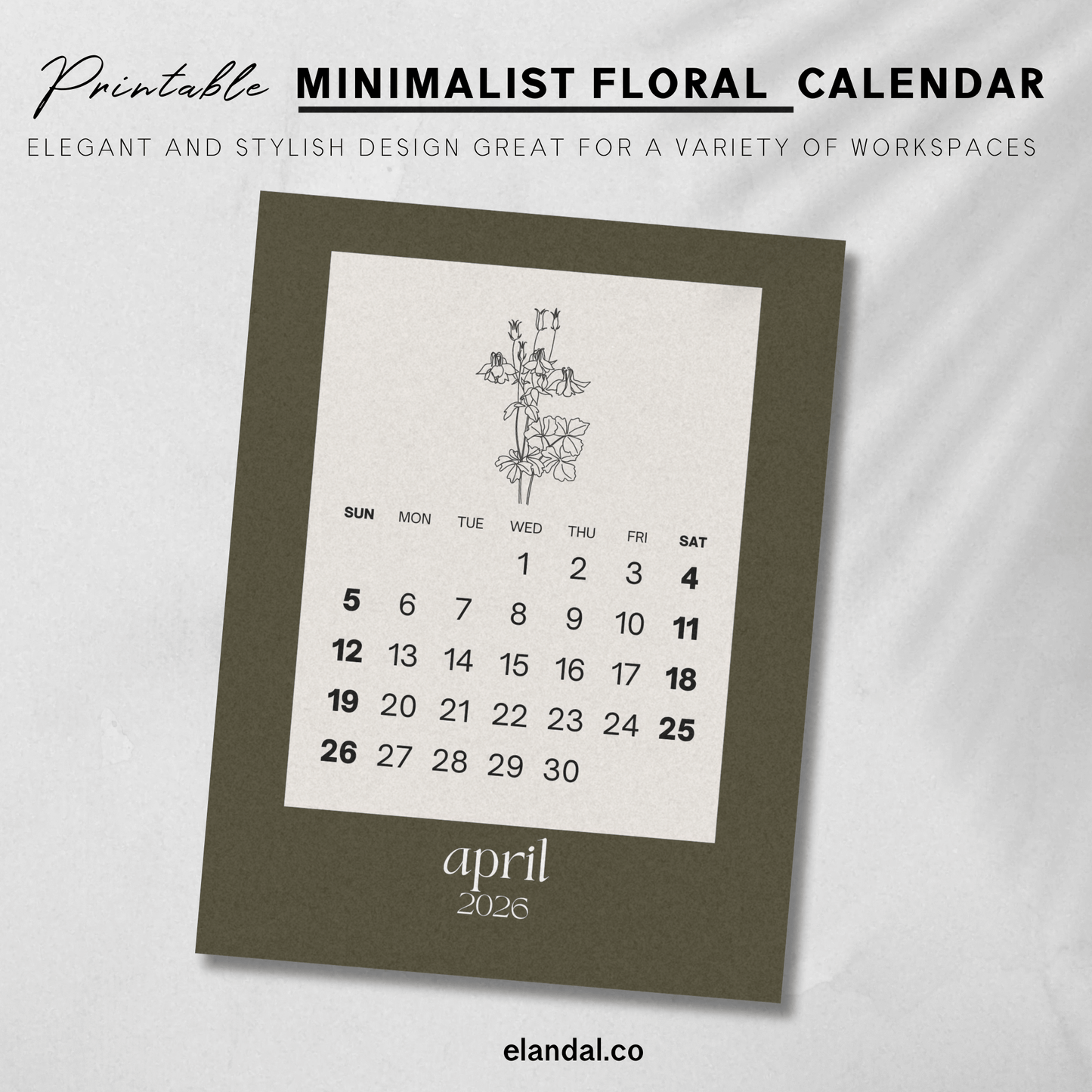2026 Printable Minimalist Brown Botanical Floral Plant Sketch Calendar