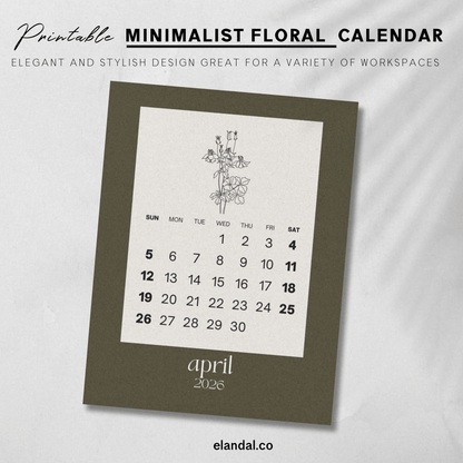 2026 Printable Minimalist Brown Botanical Floral Plant Sketch Calendar