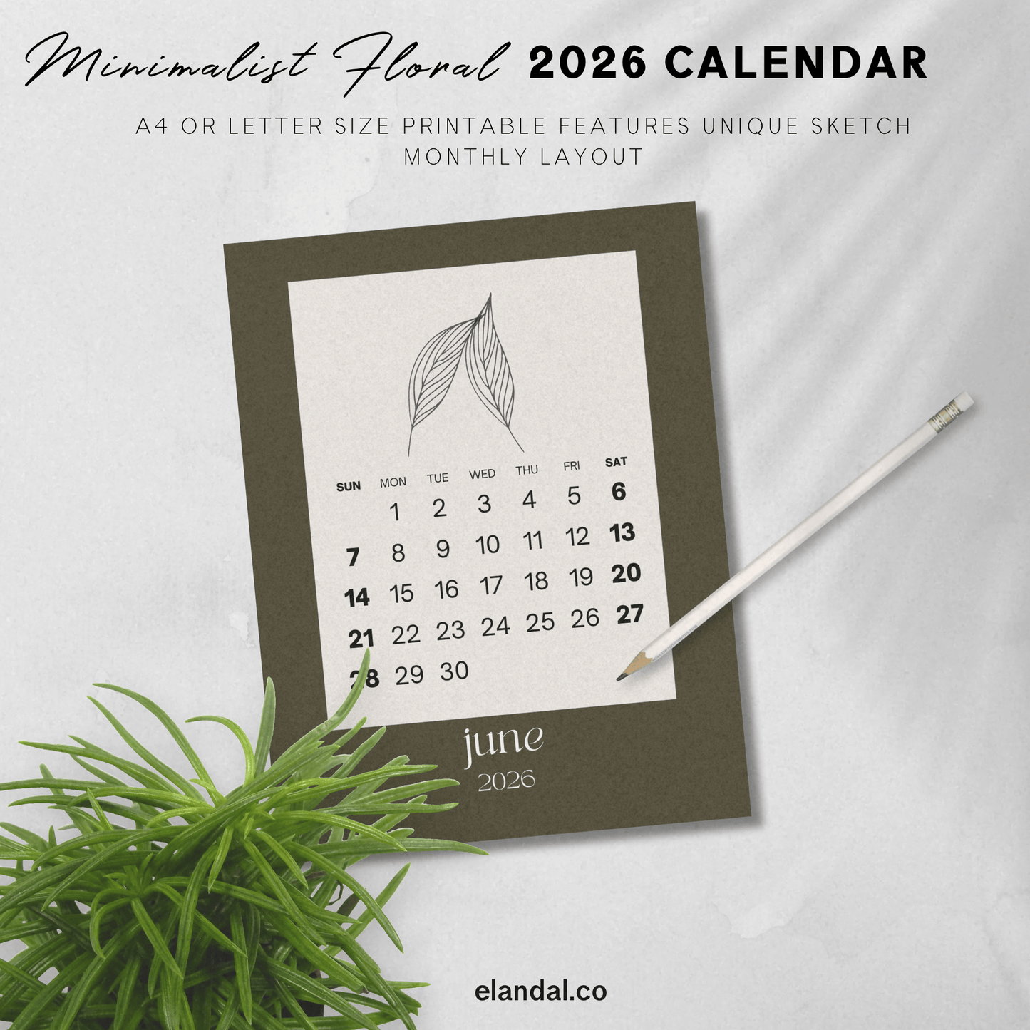2026 Printable Minimalist Brown Botanical Floral Plant Sketch Calendar