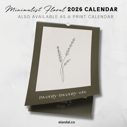 2026 Printable Minimalist Brown Botanical Floral Plant Sketch Calendar