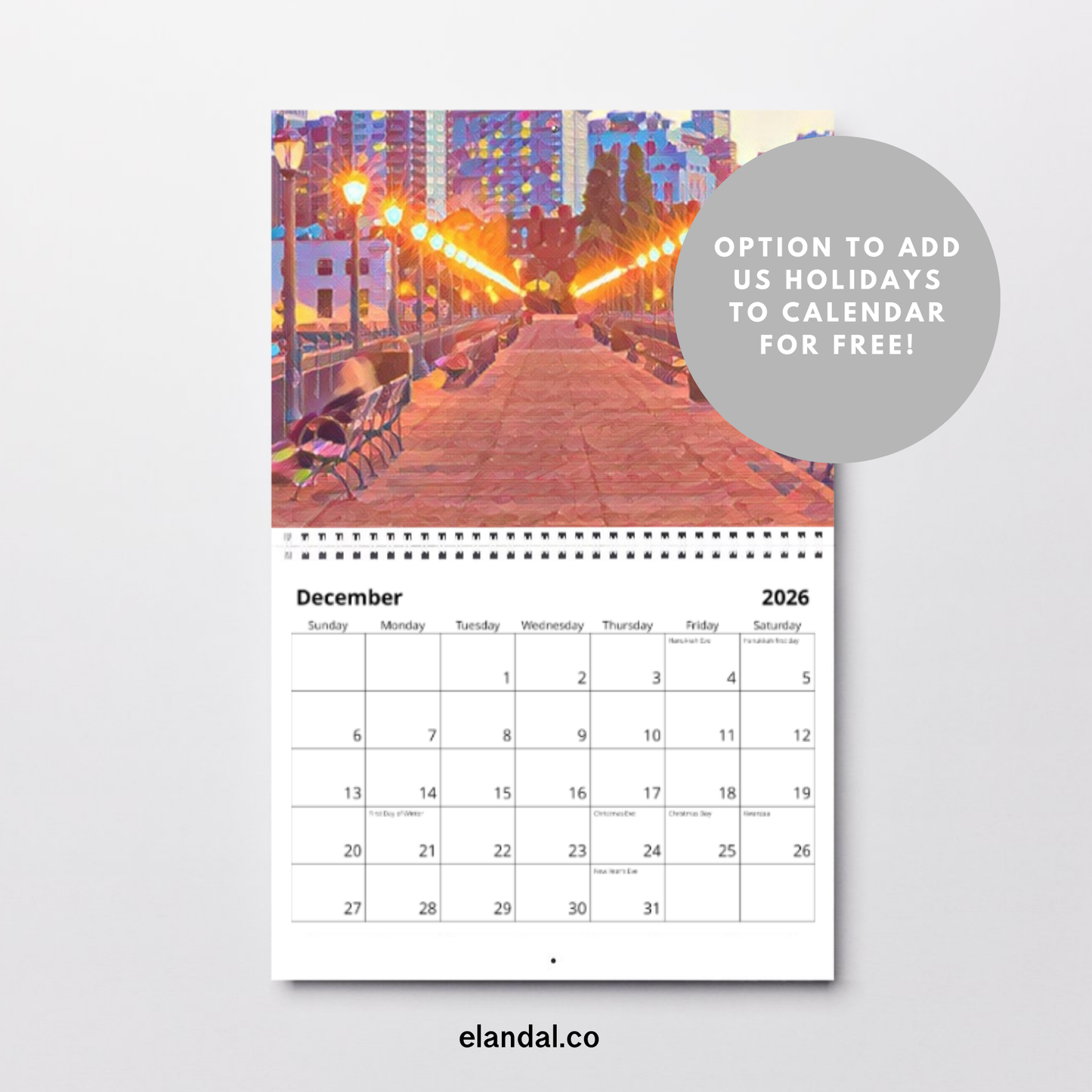 Calendario de pared ilustrado de San Francisco para imprimir en 2025