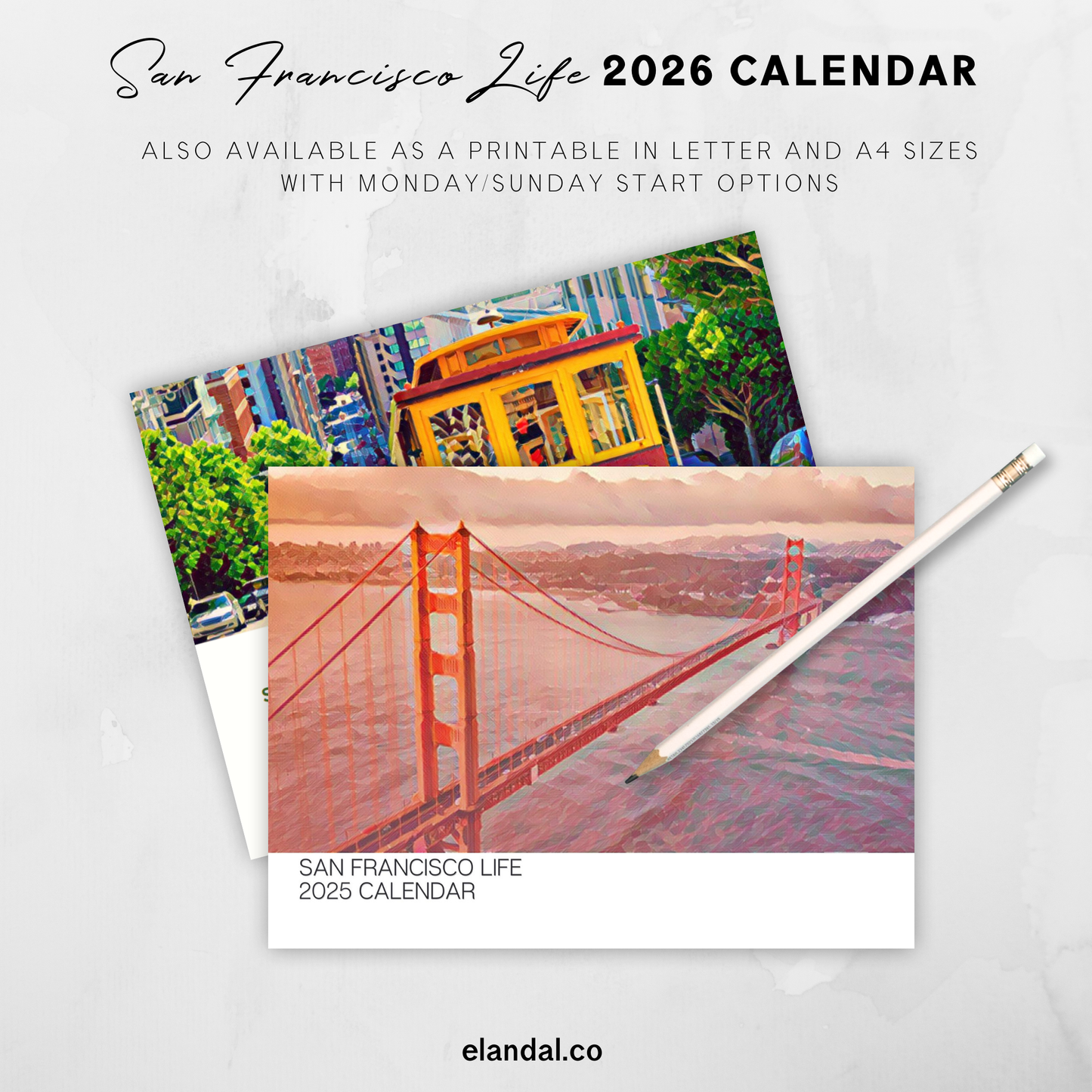 Calendario de pared ilustrado de San Francisco para imprimir en 2025