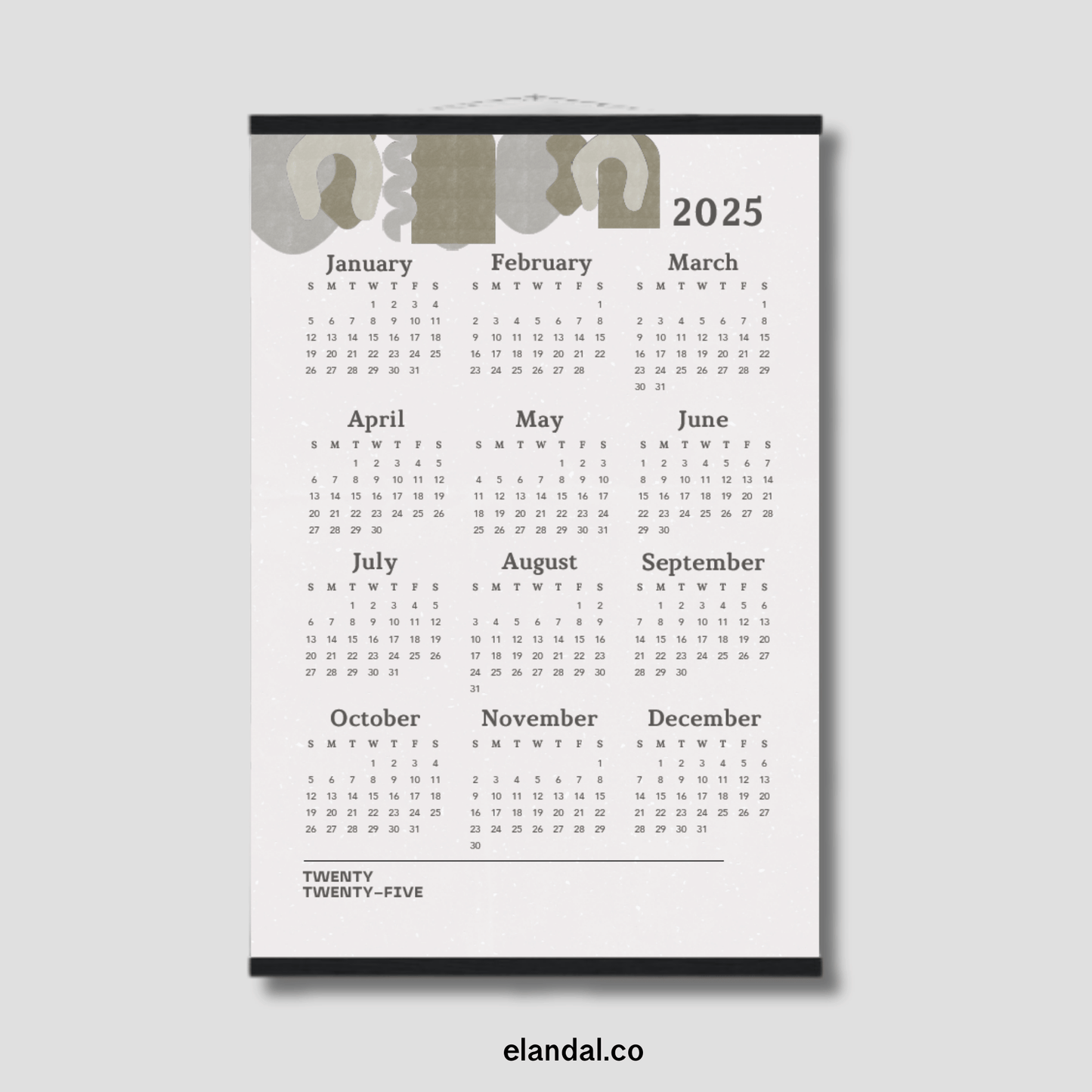 Calendario minimalista con póster de arte abstracto impreso para 2025 con perchas 