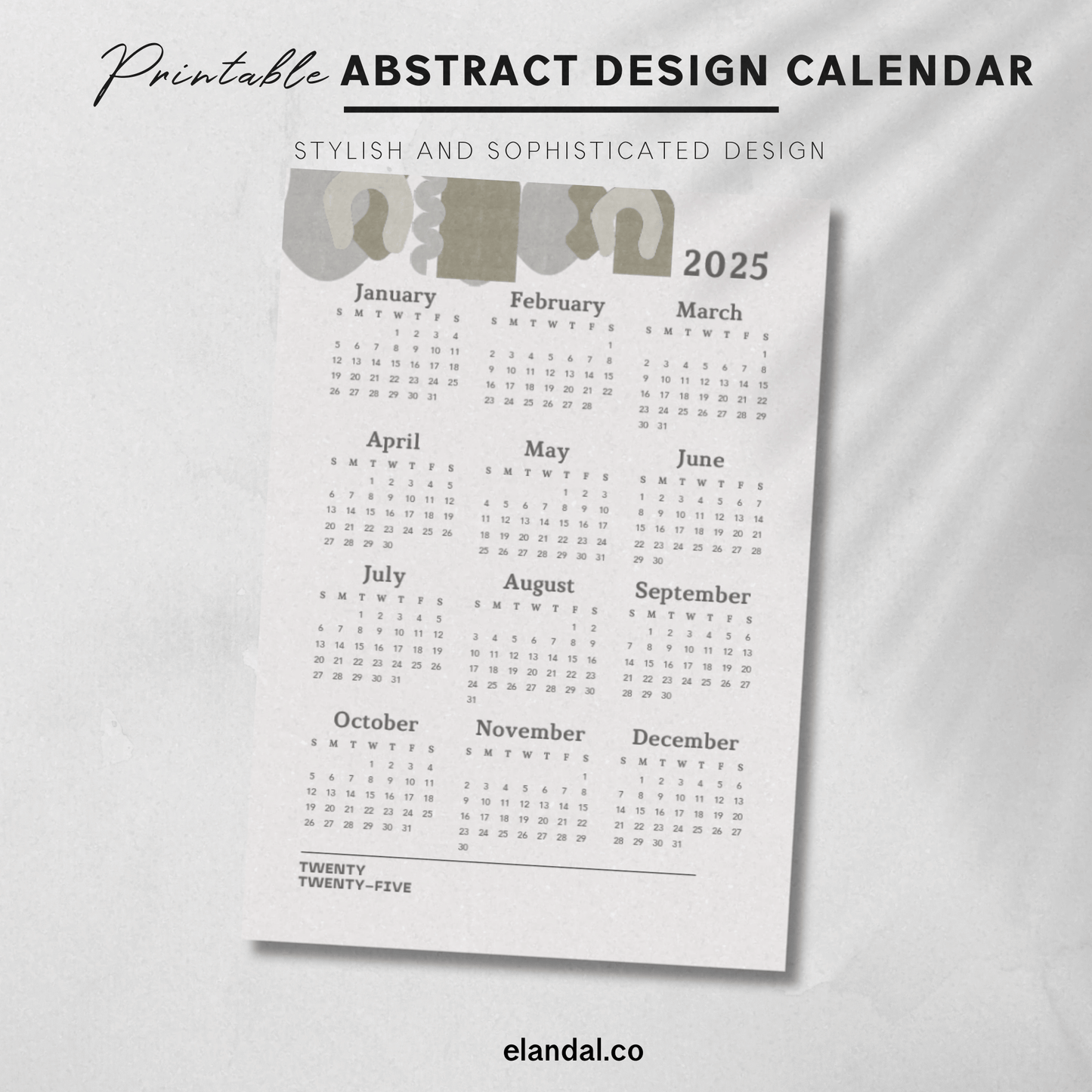 Calendario minimalista abstracto para imprimir en 2025
