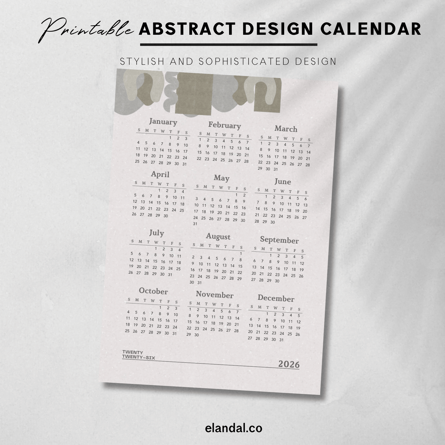 2026 Printable Abstract Minimalist Poster Calendar