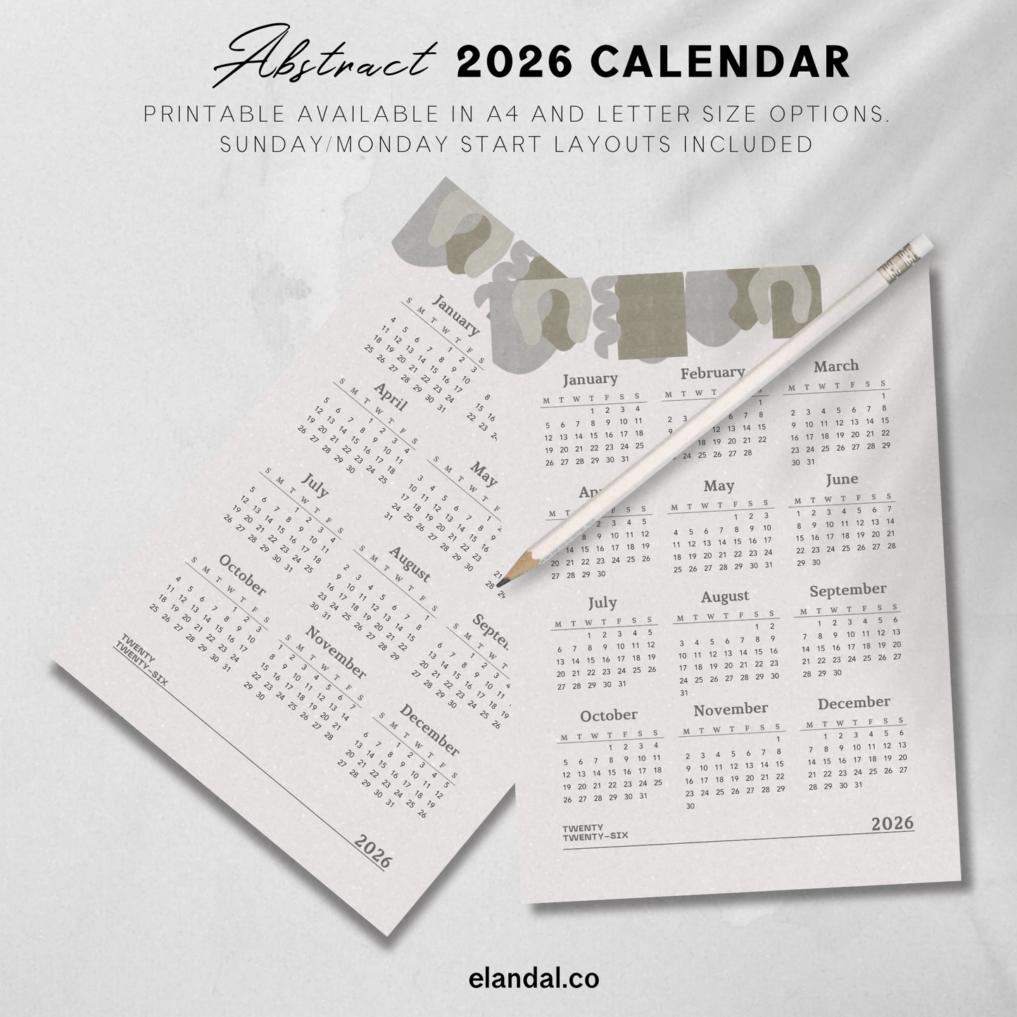 2026 Printable Abstract Minimalist Poster Calendar
