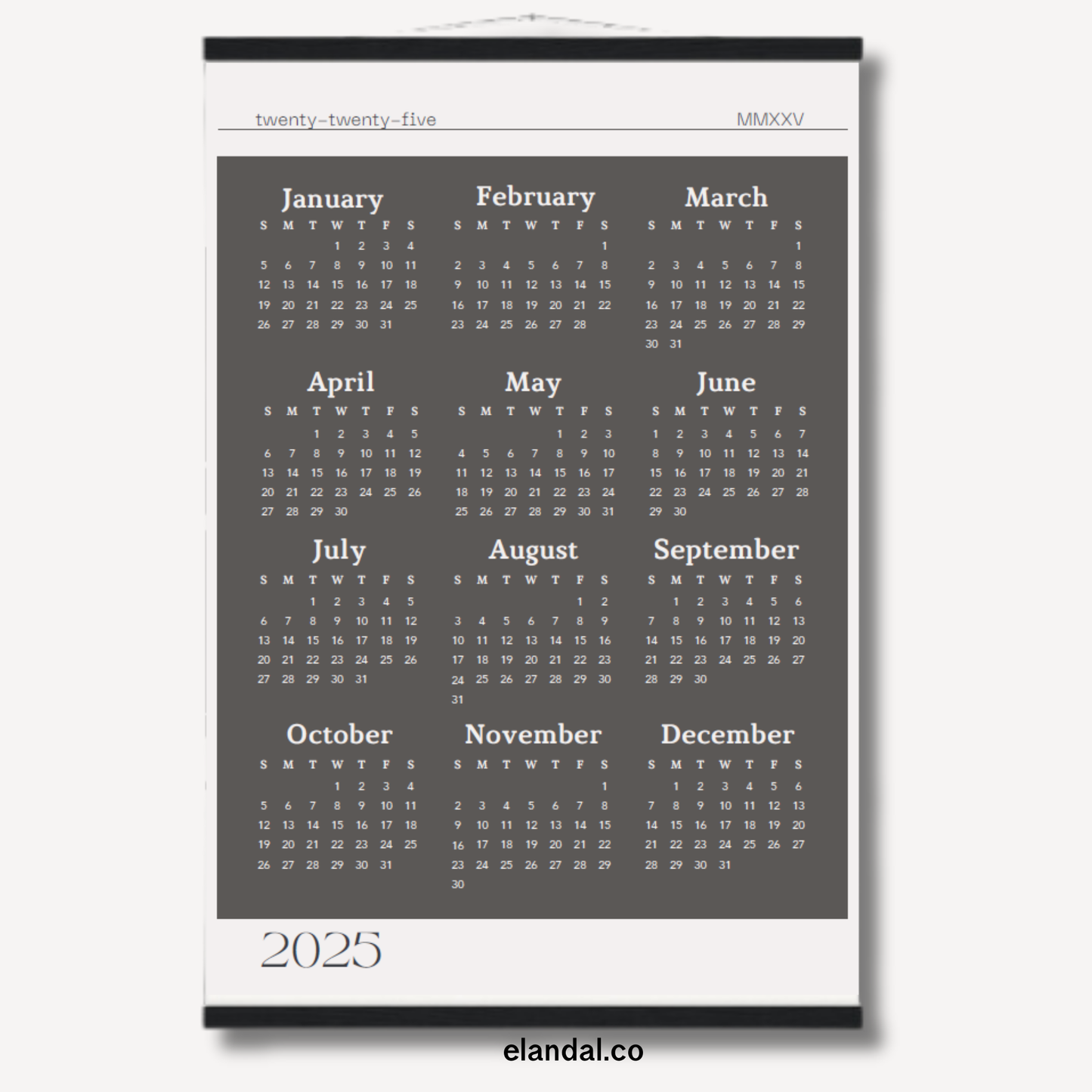 2026 Slate Grey Poster Print Calendar - Light Border with Hangers