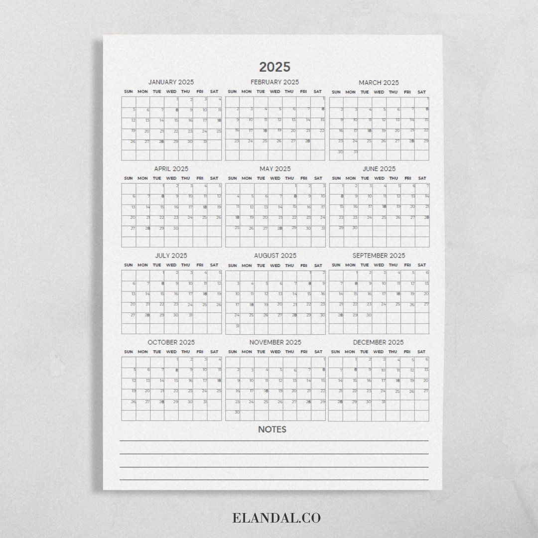 Calendario de planificación de pósteres minimalistas para imprimir en 2025