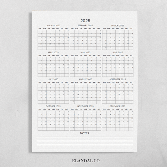 Calendario de planificación de pósteres minimalistas para imprimir en 2025