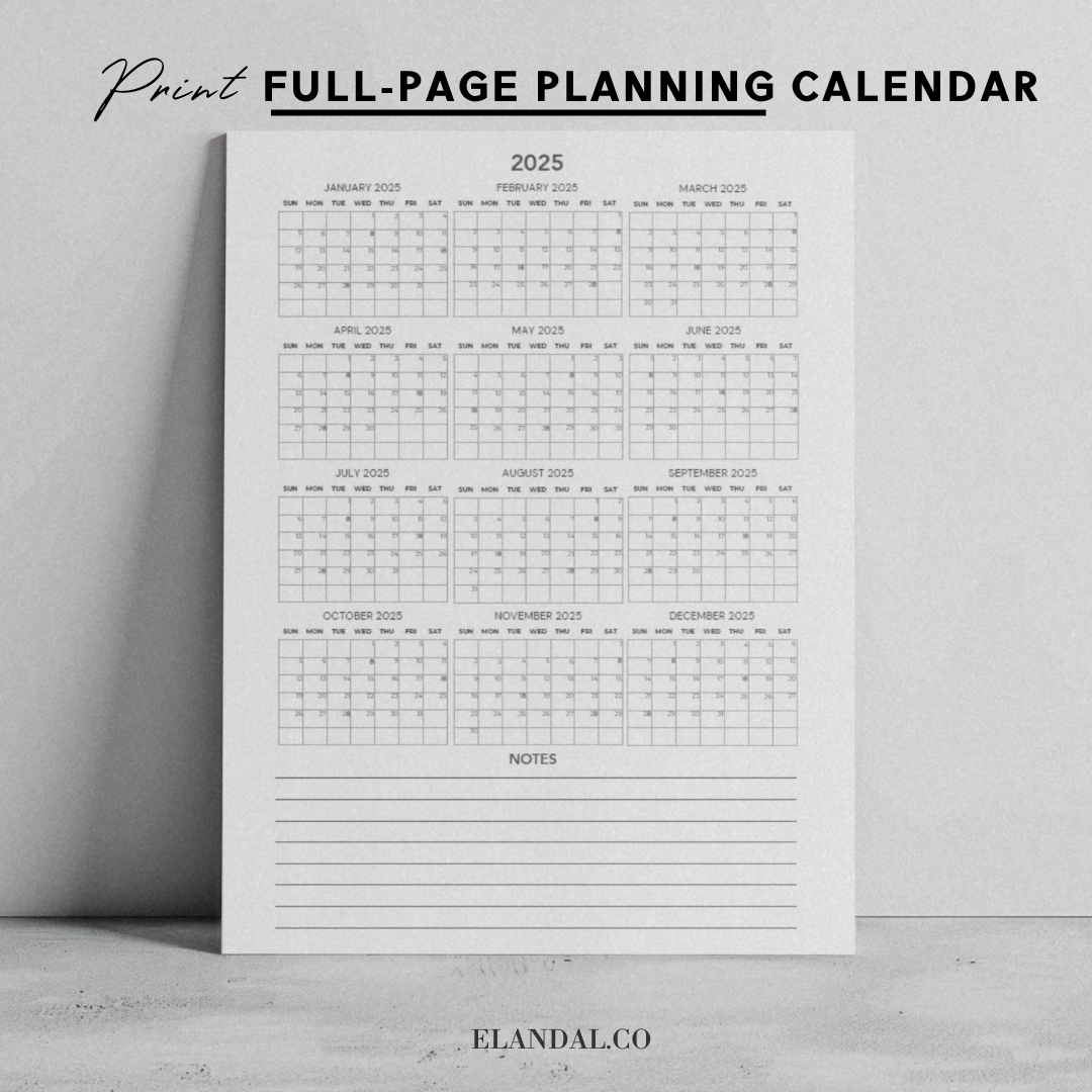 Calendario de planificación de pósteres minimalistas para imprimir en 2025