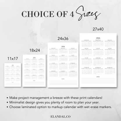 2026 Print Minimalist Poster Planning Calendar with Lamination Option