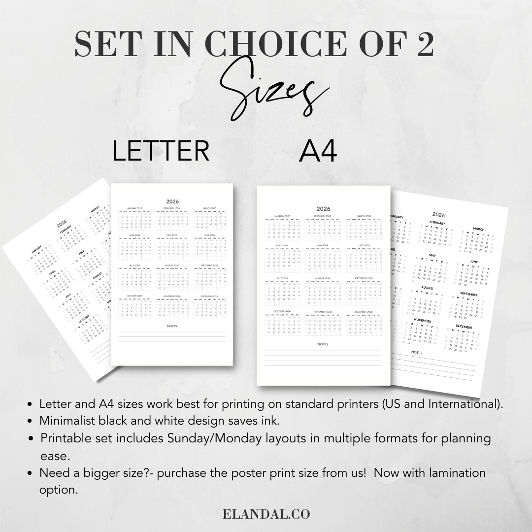 2026 Printable Minimalist Portrait Poster Calendar