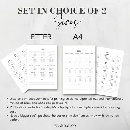 2026 Printable Minimalist Portrait Poster Calendar