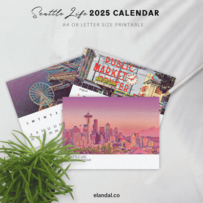 Calendario ilustrado de paisajes de Seattle Life para imprimir en 2025