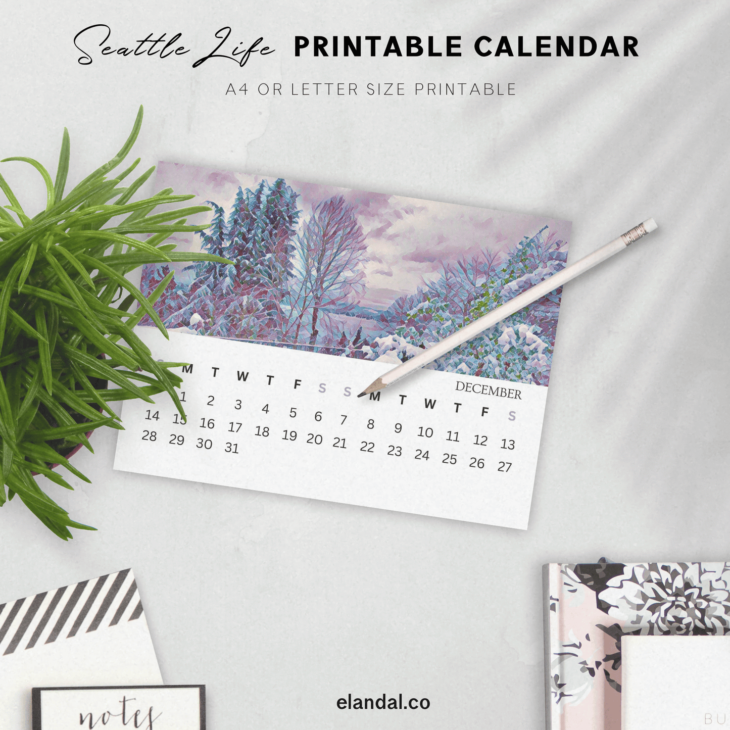 Calendario ilustrado de paisajes de Seattle Life para imprimir en 2025