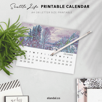 Calendario ilustrado de paisajes de Seattle Life para imprimir en 2025