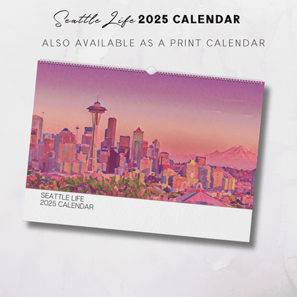 Calendario ilustrado de paisajes de Seattle Life para imprimir en 2025
