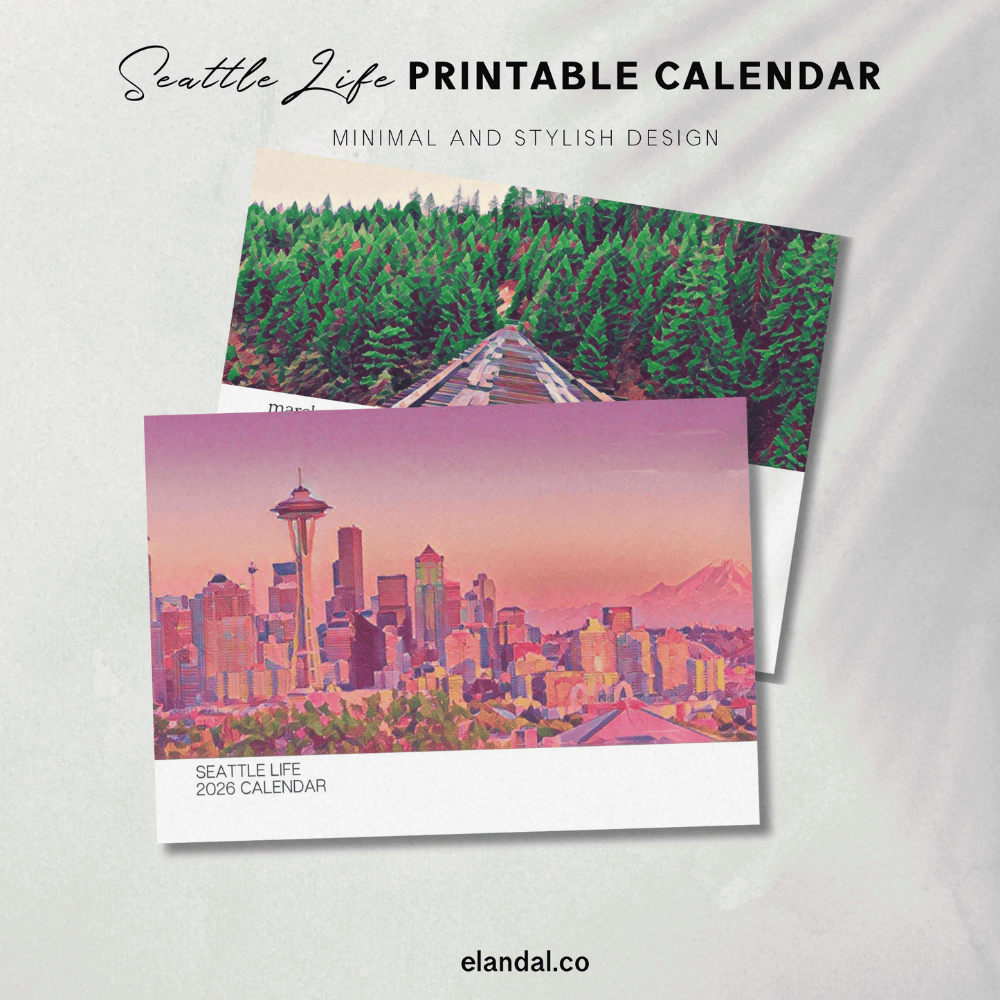 Calendario ilustrado de paisajes de Seattle Life para imprimir en 2025