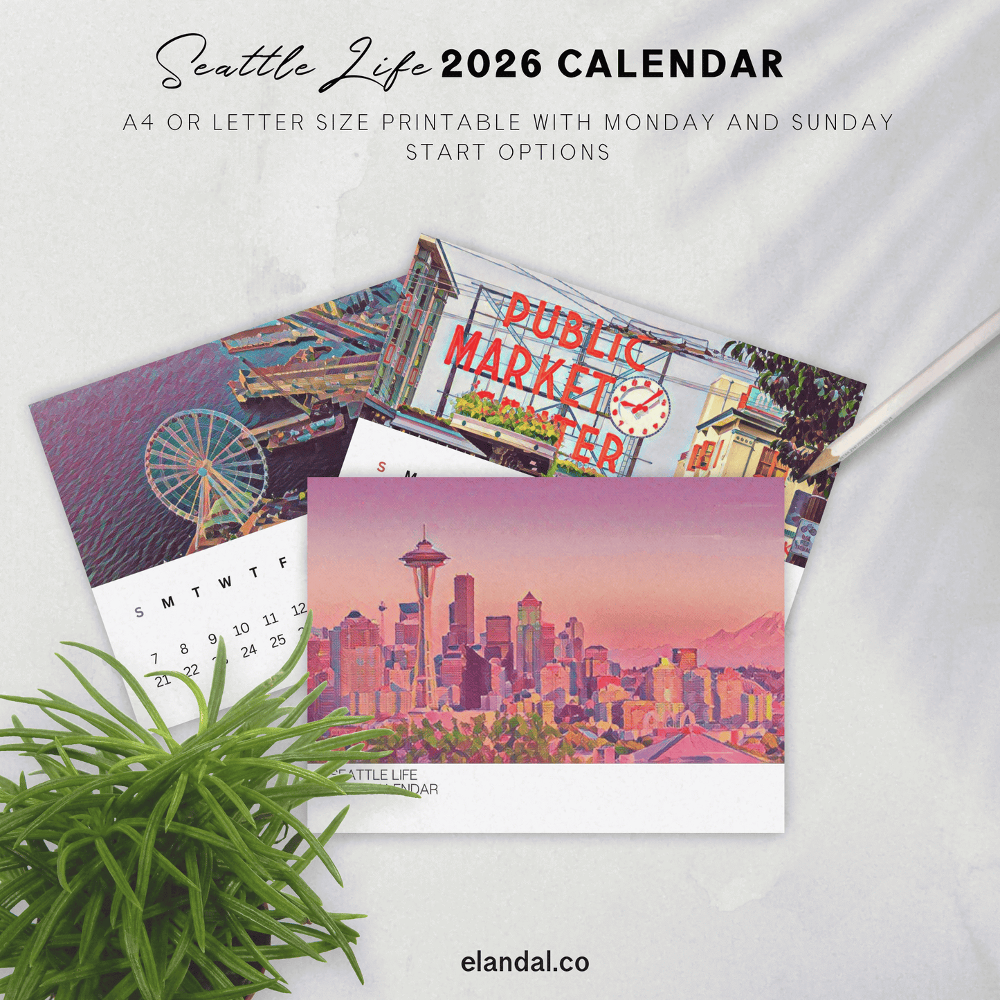 Calendario ilustrado de paisajes de Seattle Life para imprimir en 2025