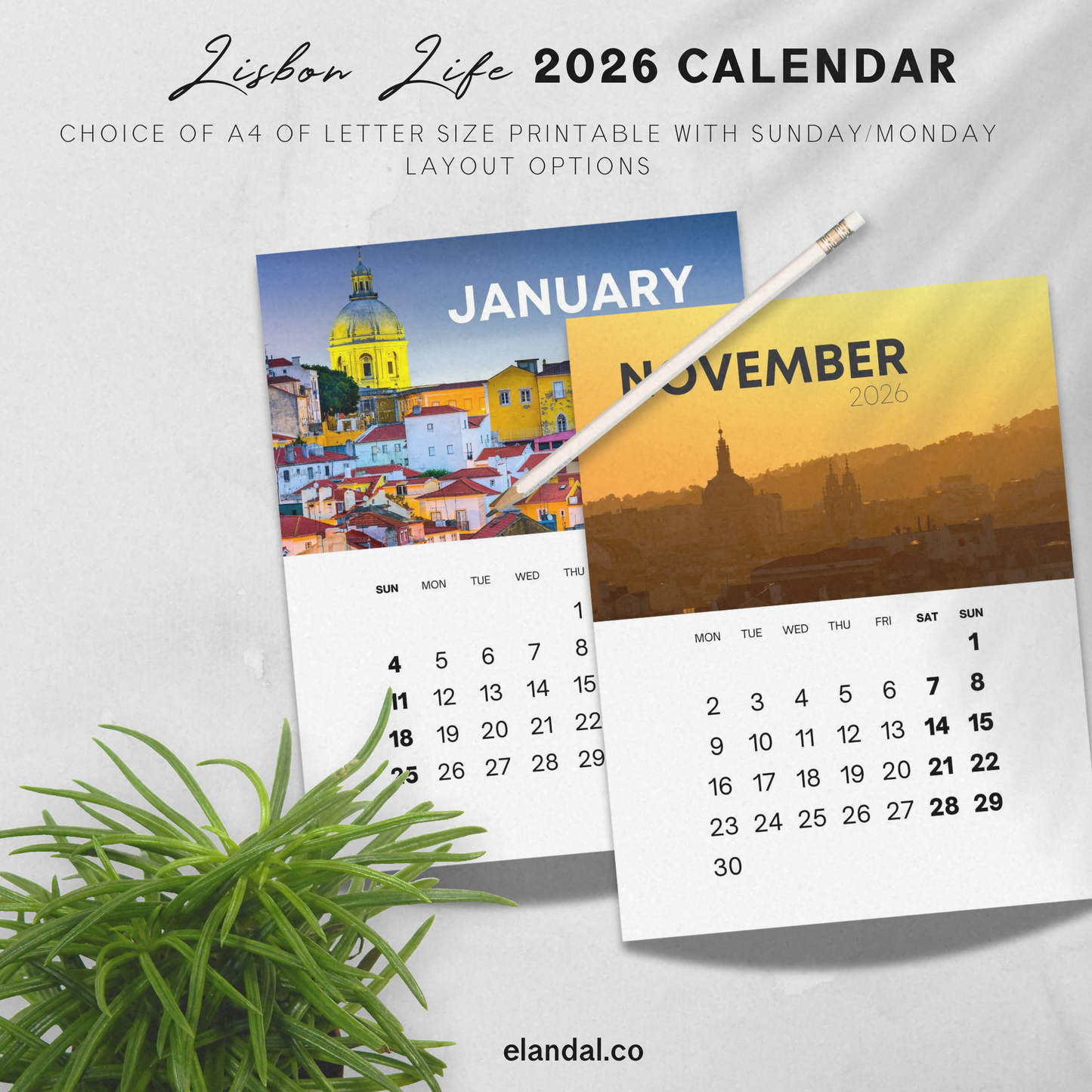 2026 Printable Lisbon Portugal Vertical Photo Calendar