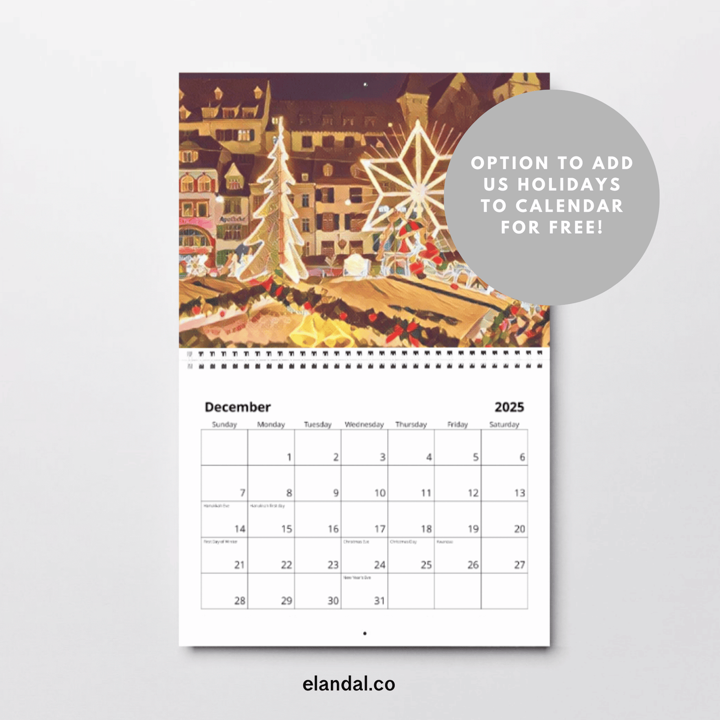 Calendario de pared ilustrado de Europa para imprimir en 2025