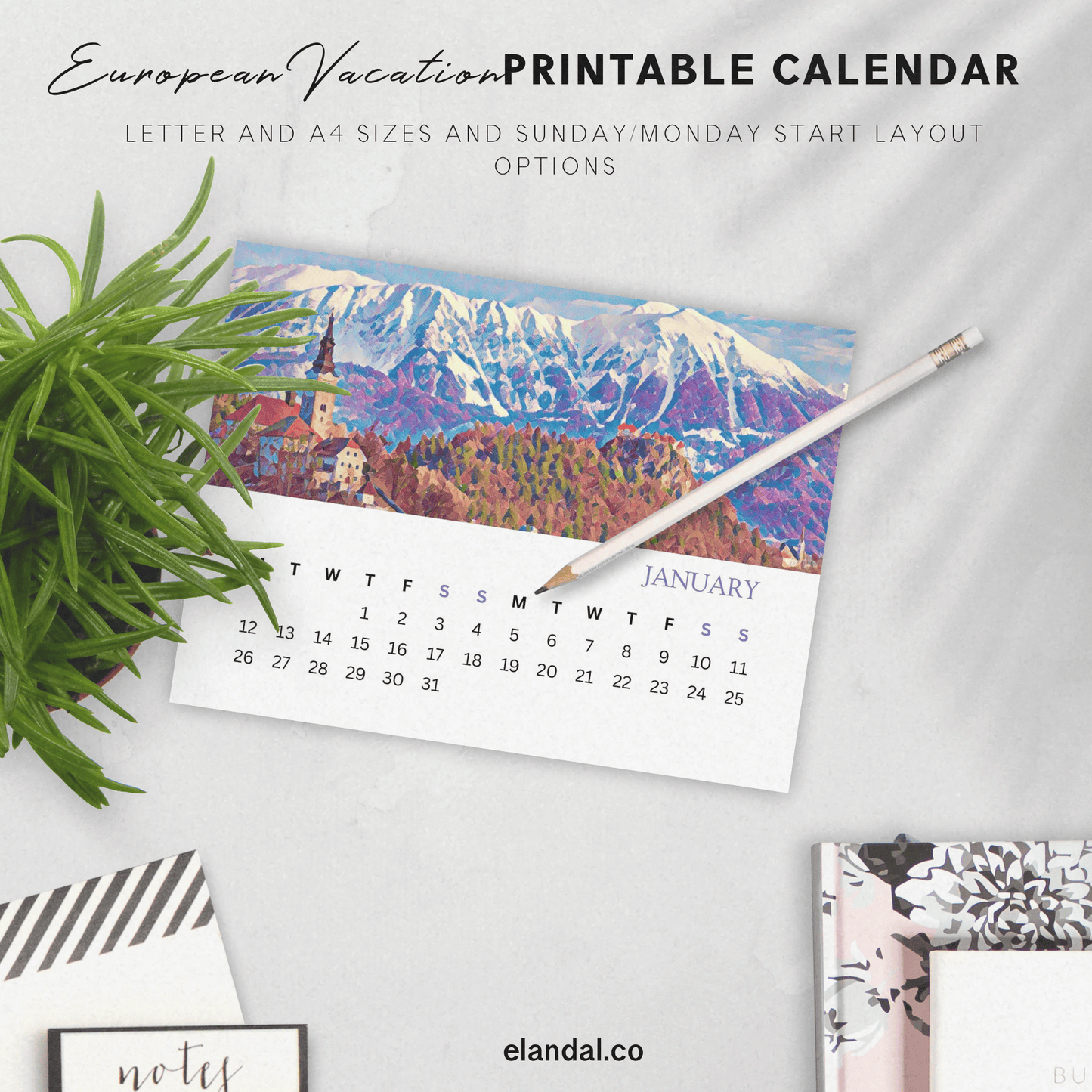 2026 Printable Europe Illustrated Calendar