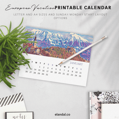 2026 Printable Europe Illustrated Calendar